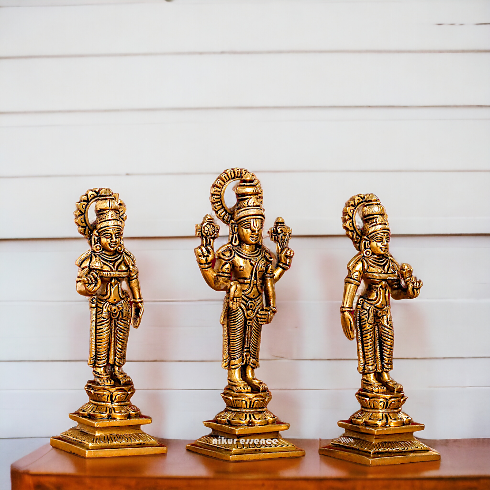 Lord Tirupati Balaji with wife Bhudevi and Sridevi Solid Brass idol - 8 inches Nikuressence