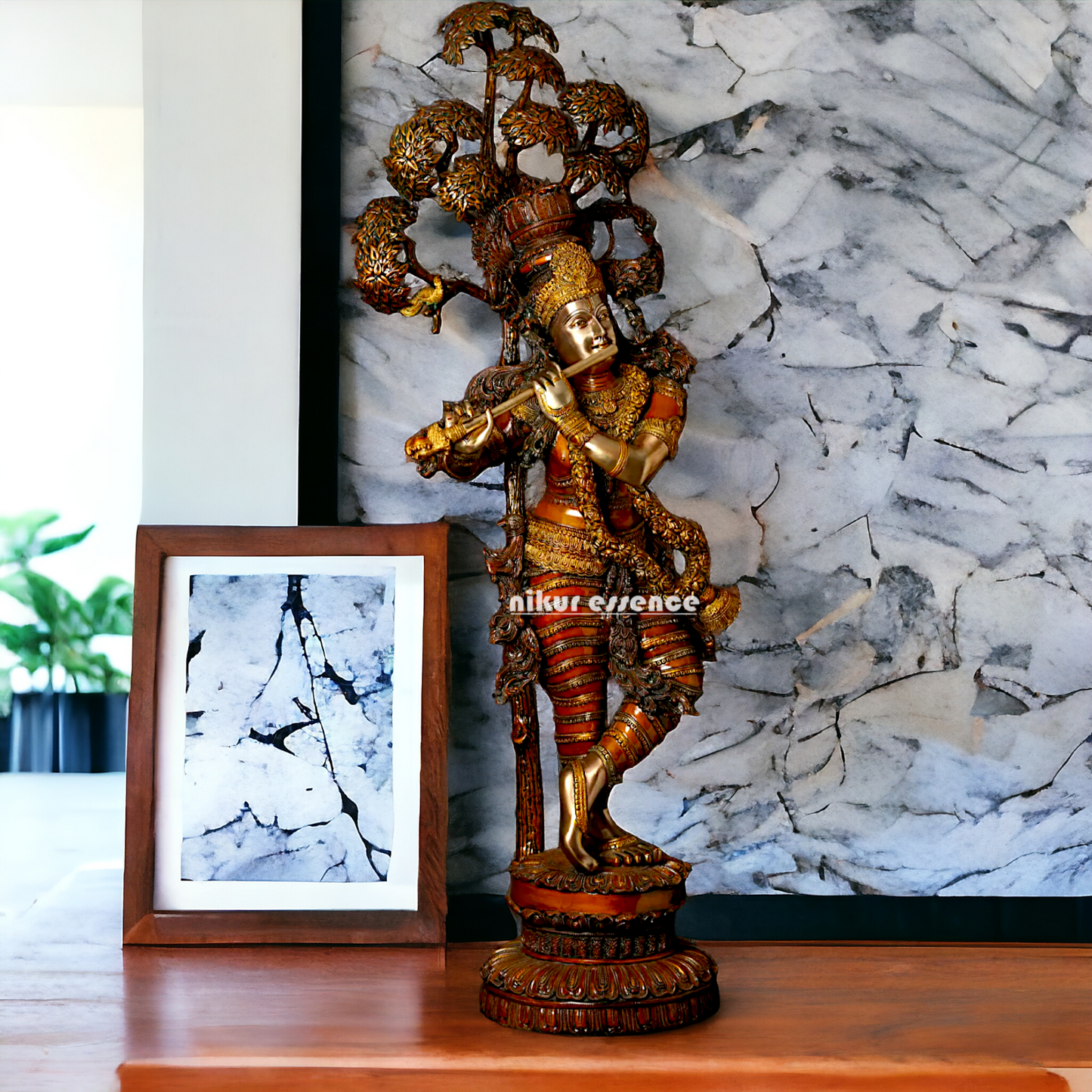 Big Krishna Playing Flute with Tree Beauty brass statue - 45 inches Nikuressence