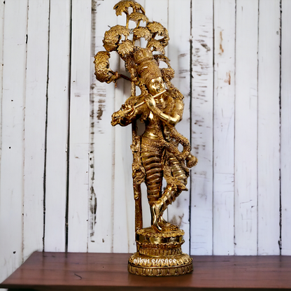 Big Krishna with Tree Playing Flute solid brass idol - 57 inches Nikuressence