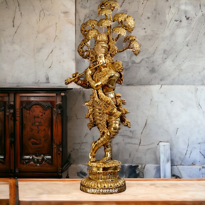 Big Krishna with Tree Playing Flute solid brass idol - 57 inches Nikuressence