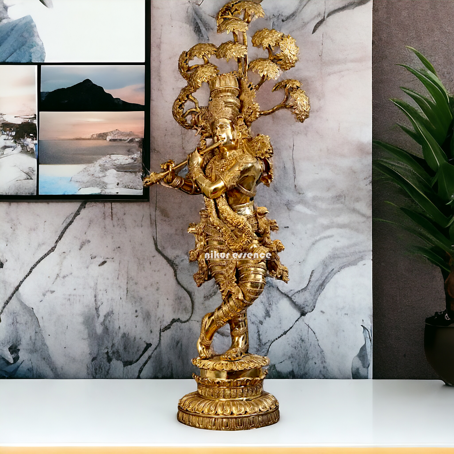 Big Krishna with Tree Playing Flute solid brass idol - 57 inches Nikuressence