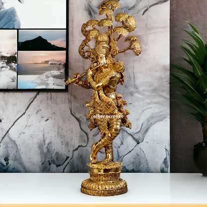 Big Krishna with Tree Playing Flute solid brass idol - 57 inches Nikuressence