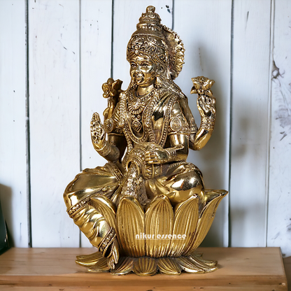 Superfine Brass Lakshmi Maa Sitting on Lotus Idol - 7.5 inches Nikuressence