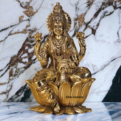 Superfine Brass Lakshmi Maa Sitting on Lotus Idol - 7.5 inches Nikuressence