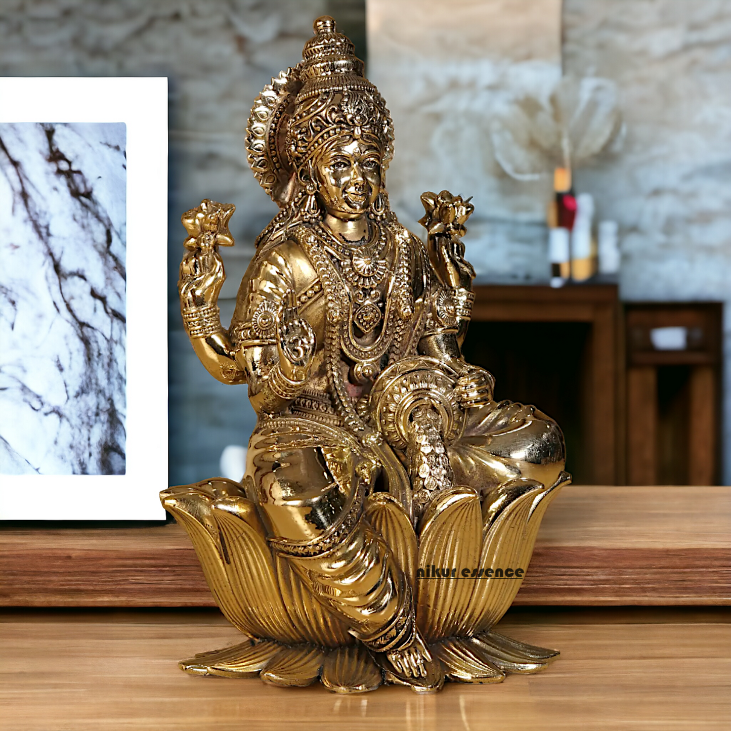 Superfine Brass Lakshmi Maa Sitting on Lotus Idol - 7.5 inches Nikuressence