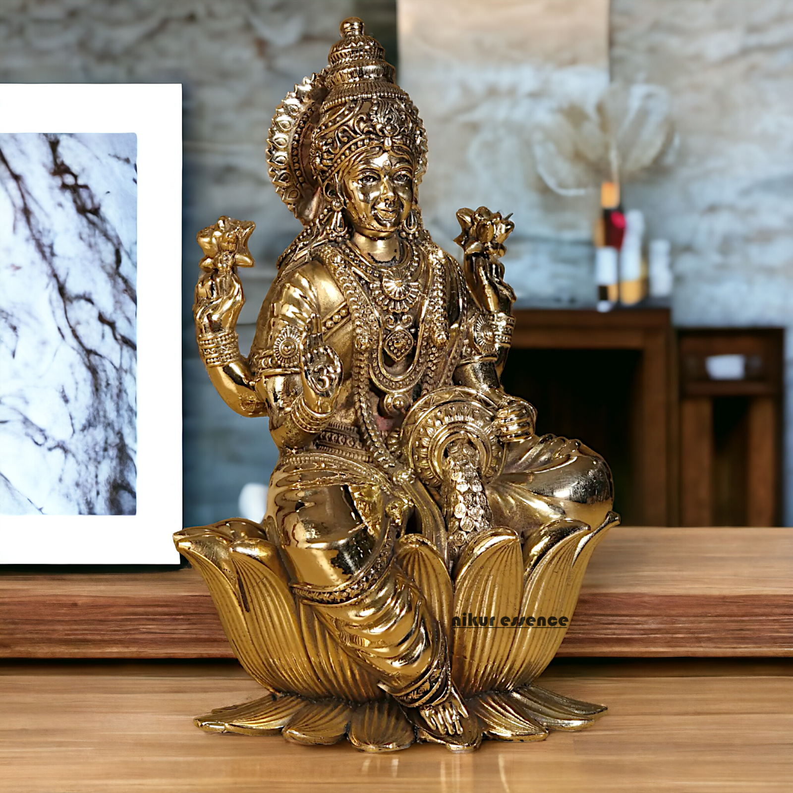Superfine Brass Lakshmi Maa Sitting on Lotus Idol - 7.5 inches Nikuressence