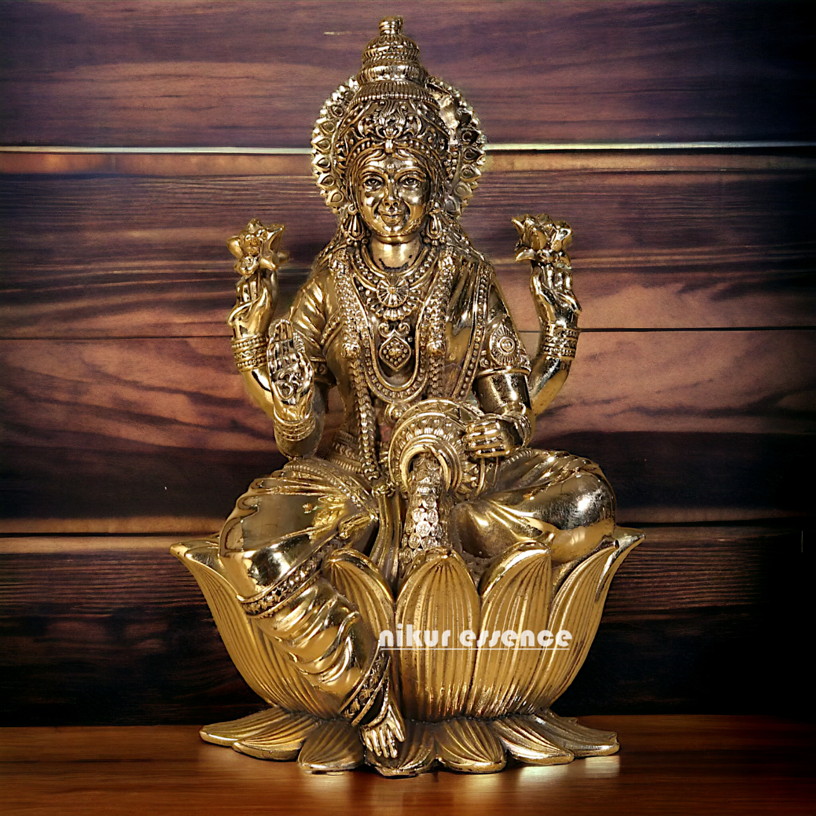 Superfine Brass Lakshmi Maa Sitting on Lotus Idol - 7.5 inches Nikuressence