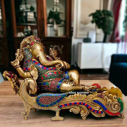 Large Vinayaka Resting on Peacock bed Brass Ganesh with Stone work - 15.5 inches Nikuressence