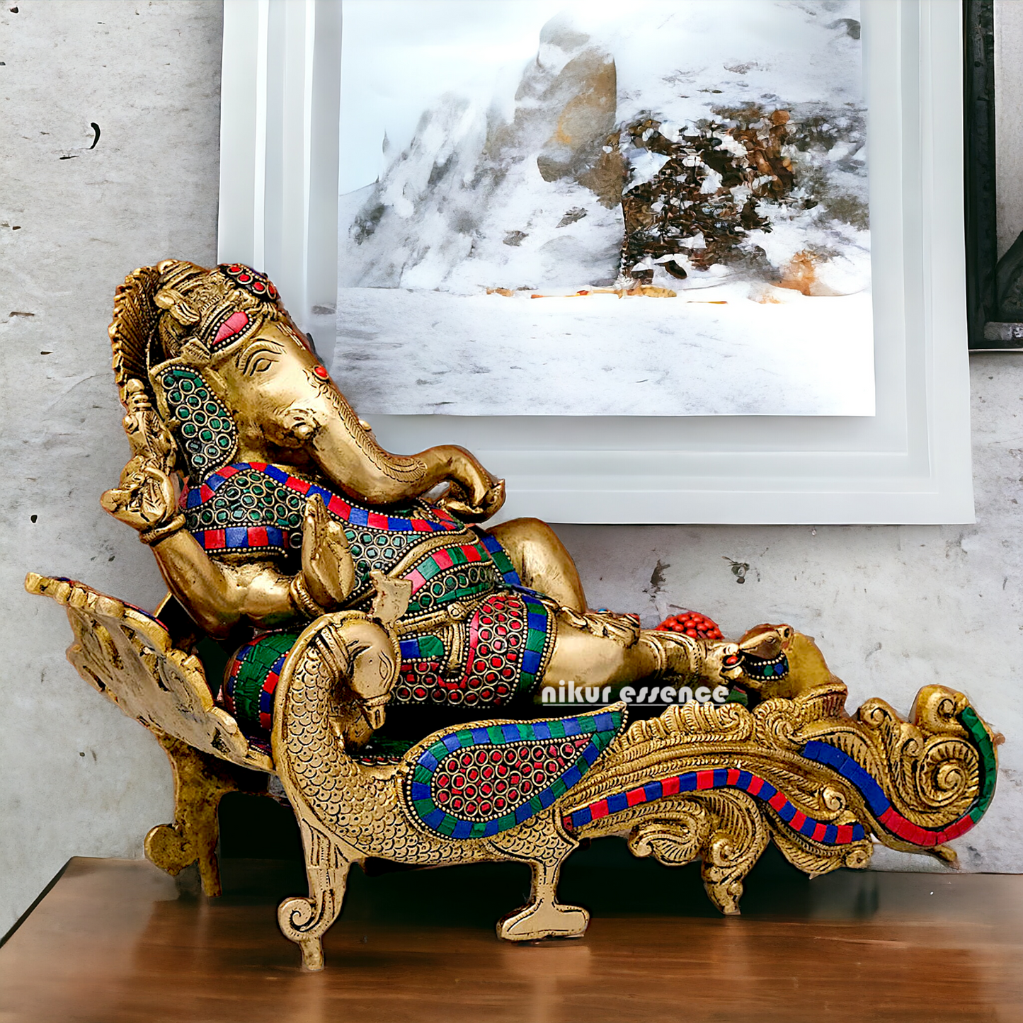 Large Vinayaka Resting on Peacock bed Brass Ganesh with Stone work - 15.5 inches Nikuressence
