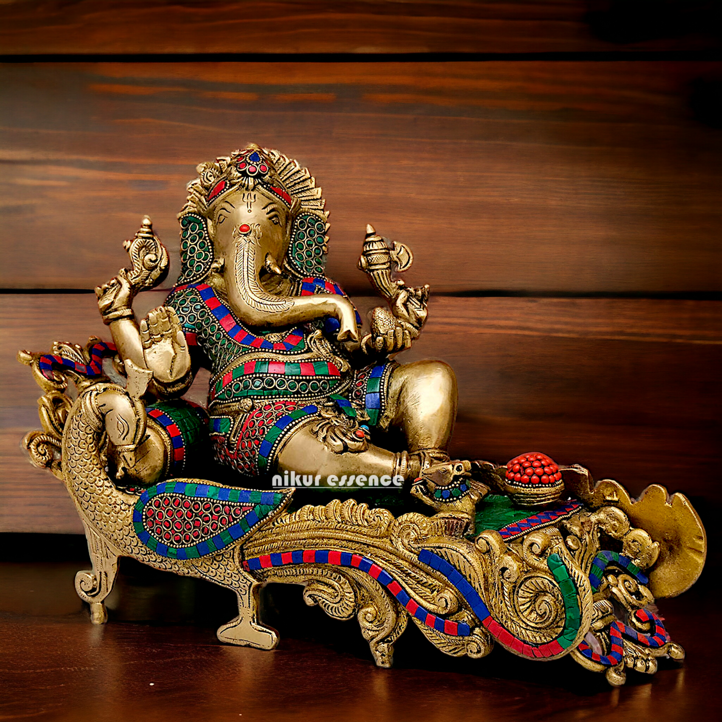 Large Vinayaka Resting on Peacock bed Brass Ganesh with Stone work - 15.5 inches Nikuressence