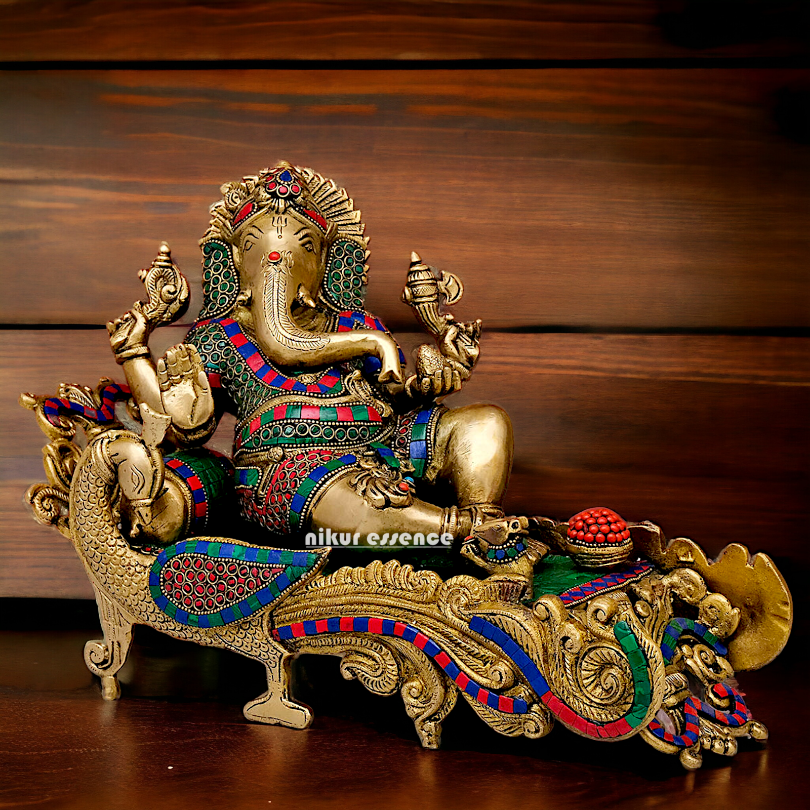 Large Vinayaka Resting on Peacock bed Brass Ganesh with Stone work - 15.5 inches Nikuressence