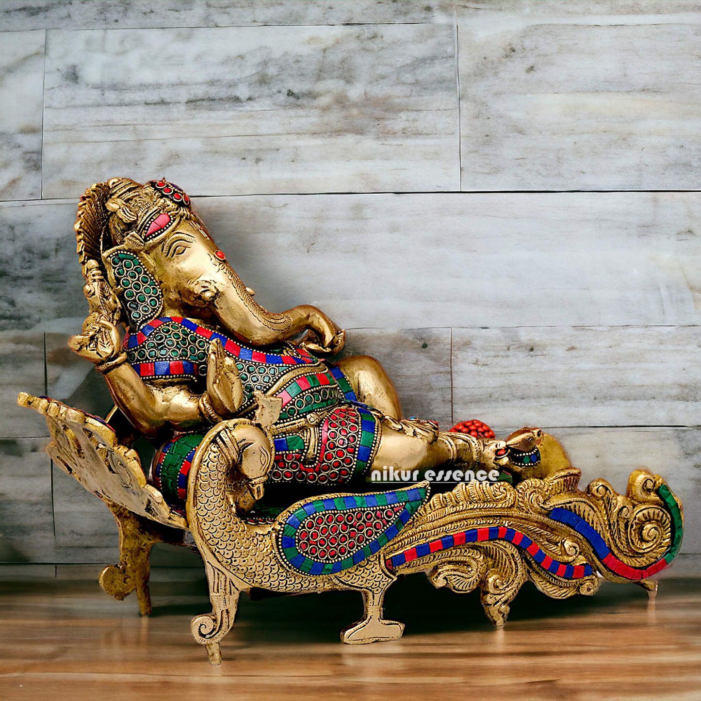 Large Vinayaka Resting on Peacock bed Brass Ganesh with Stone work - 15.5 inches Nikuressence