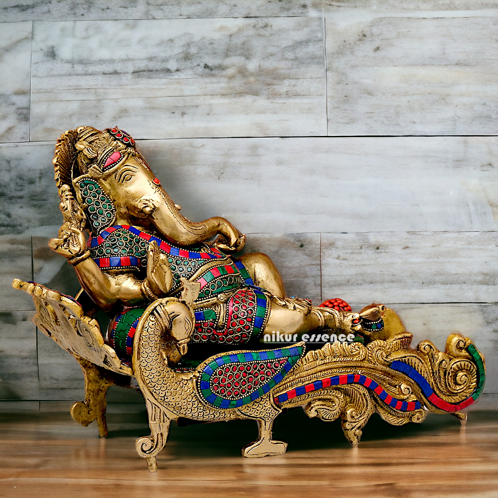 Large Vinayaka Resting on Peacock bed Brass Ganesh with Stone work - 15.5 inches Nikuressence