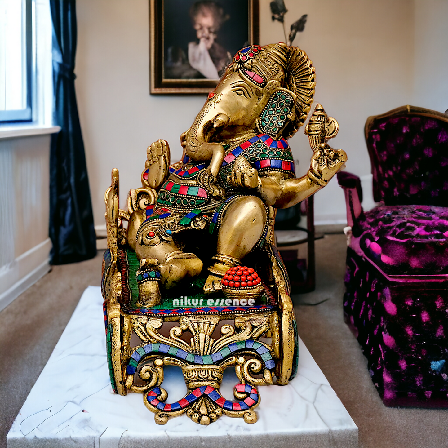 Large Vinayaka Resting on Peacock bed Brass Ganesh with Stone work - 15.5 inches Nikuressence