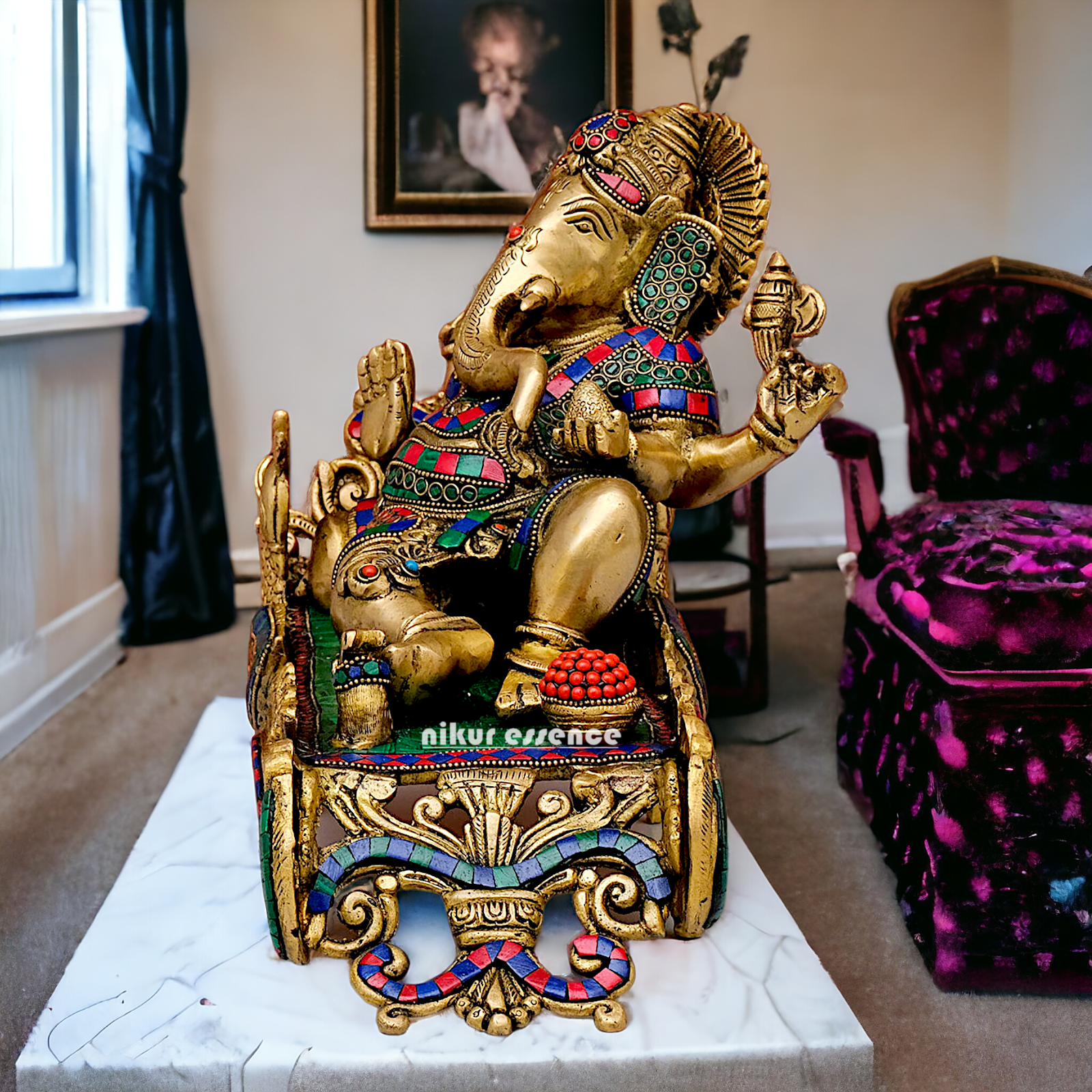 Large Vinayaka Resting on Peacock bed Brass Ganesh with Stone work - 15.5 inches Nikuressence