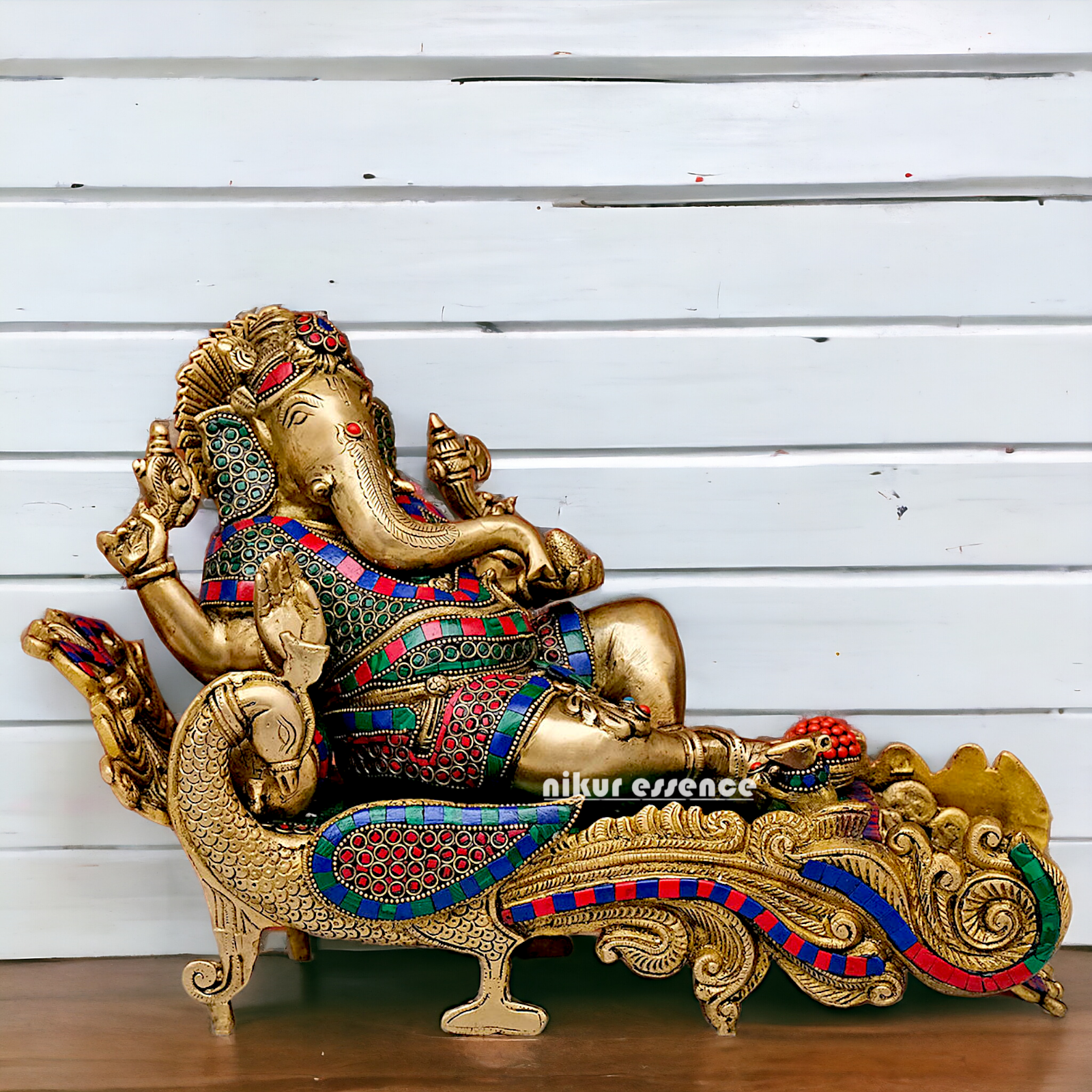 Large Vinayaka Resting on Peacock bed Brass Ganesh with Stone work - 15.5 inches Nikuressence