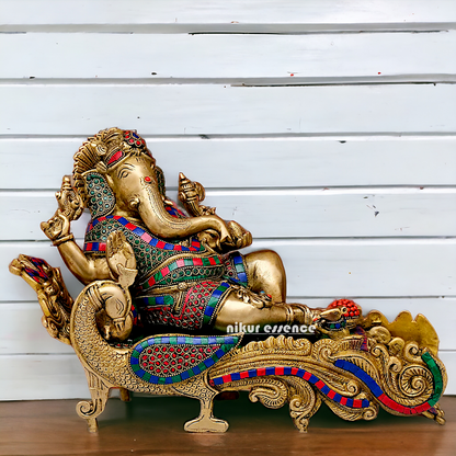Large Vinayaka Resting on Peacock bed Brass Ganesh with Stone work - 15.5 inches Nikuressence