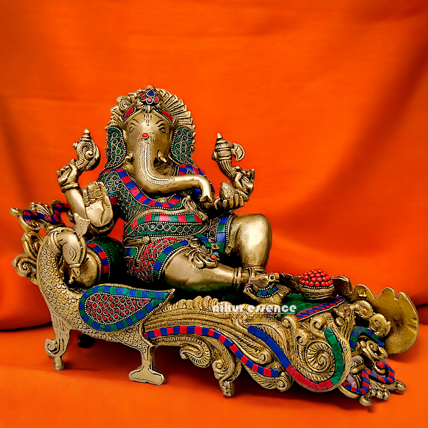 Large Vinayaka Resting on Peacock bed Brass Ganesh with Stone work - 15.5 inches Nikuressence