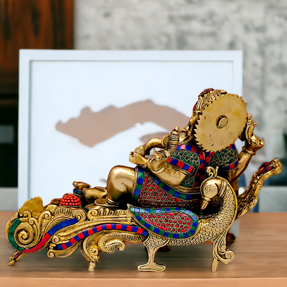 Large Vinayaka Resting on Peacock bed Brass Ganesh with Stone work - 15.5 inches Nikuressence