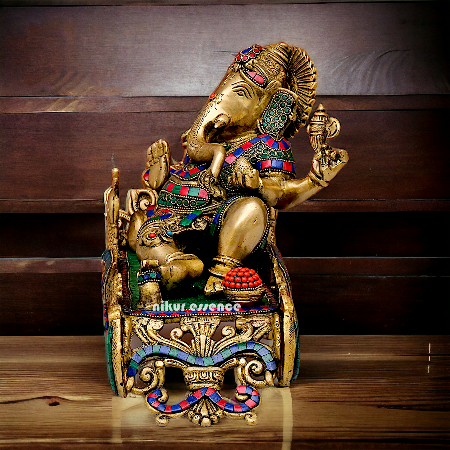 Large Vinayaka Resting on Peacock bed Brass Ganesh with Stone work - 15.5 inches Nikuressence