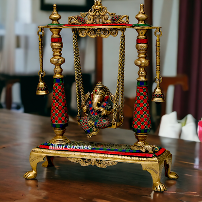 Large Ganpati Swinging Brass with Stone Work idol - 16 inches Nikuressence