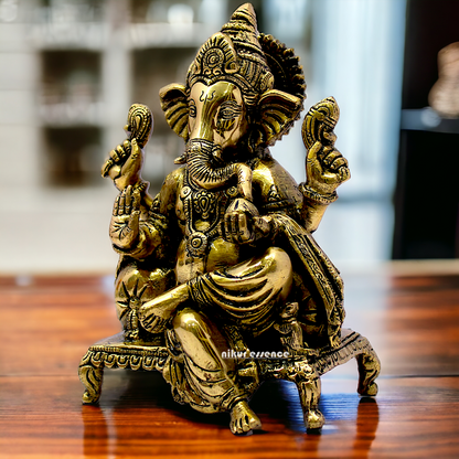 Antique Brass Ganesha Sitting on Singhasan - 8.25 inches Nikuressence