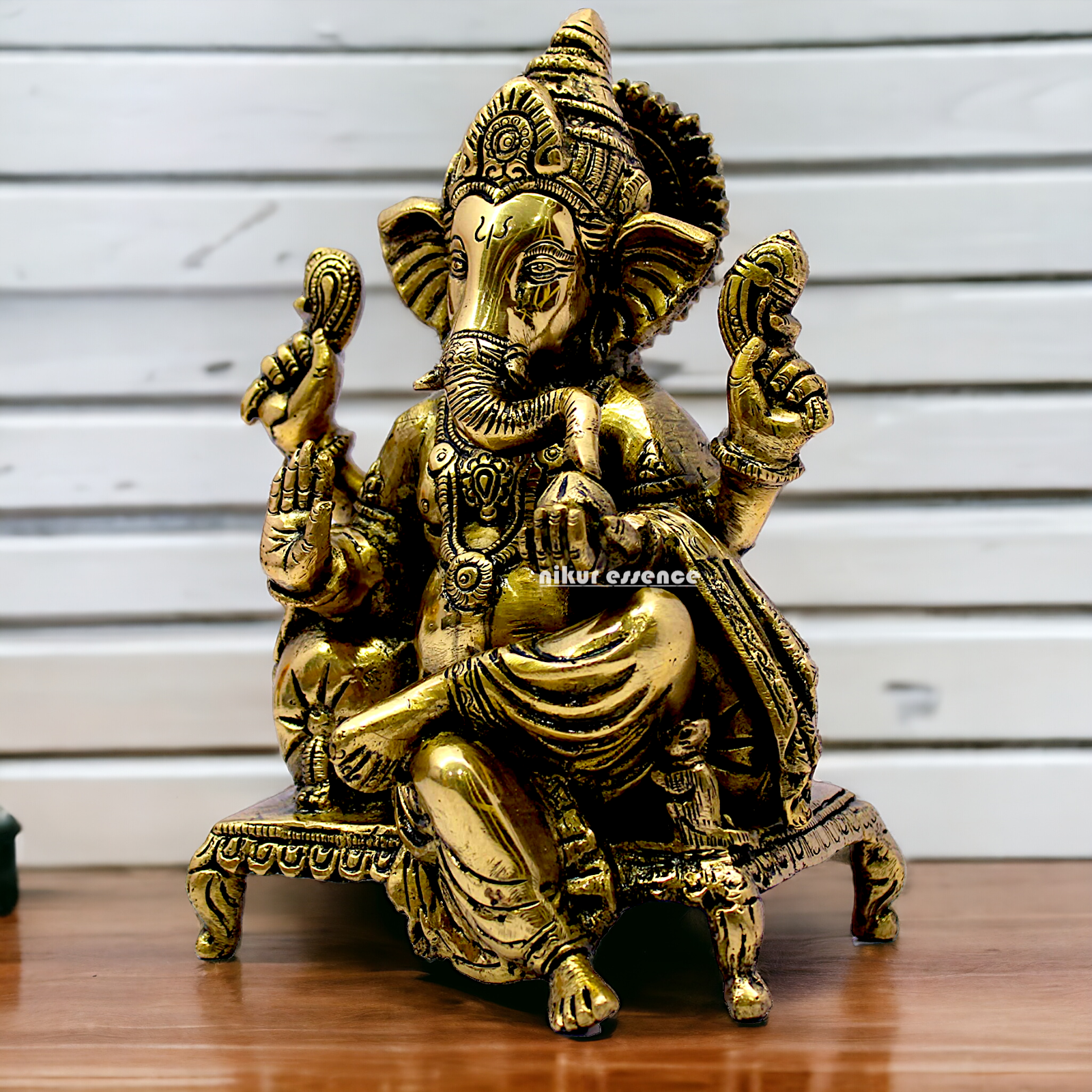 Antique Brass Ganesha Sitting on Singhasan - 8.25 inches Nikuressence