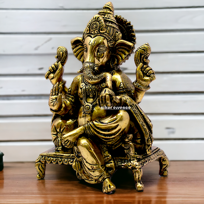 Antique Brass Ganesha Sitting on Singhasan - 8.25 inches Nikuressence