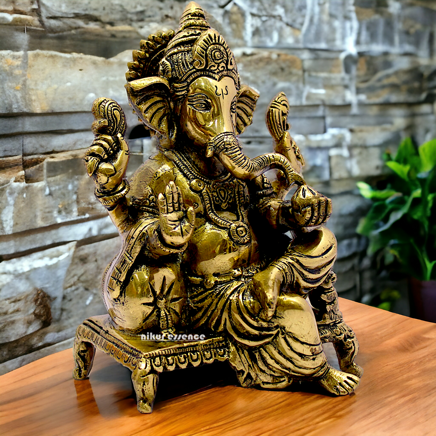 Antique Brass Ganesha Sitting on Singhasan - 8.25 inches Nikuressence