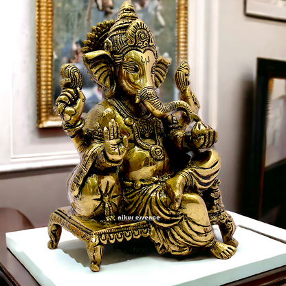 Antique Brass Ganesha Sitting on Singhasan - 8.25 inches Nikuressence