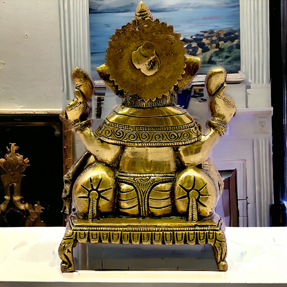 Antique Brass Ganesha Sitting on Singhasan - 8.25 inches Nikuressence