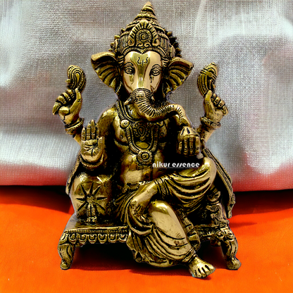 Antique Brass Ganesha Sitting on Singhasan - 8.25 inches Nikuressence