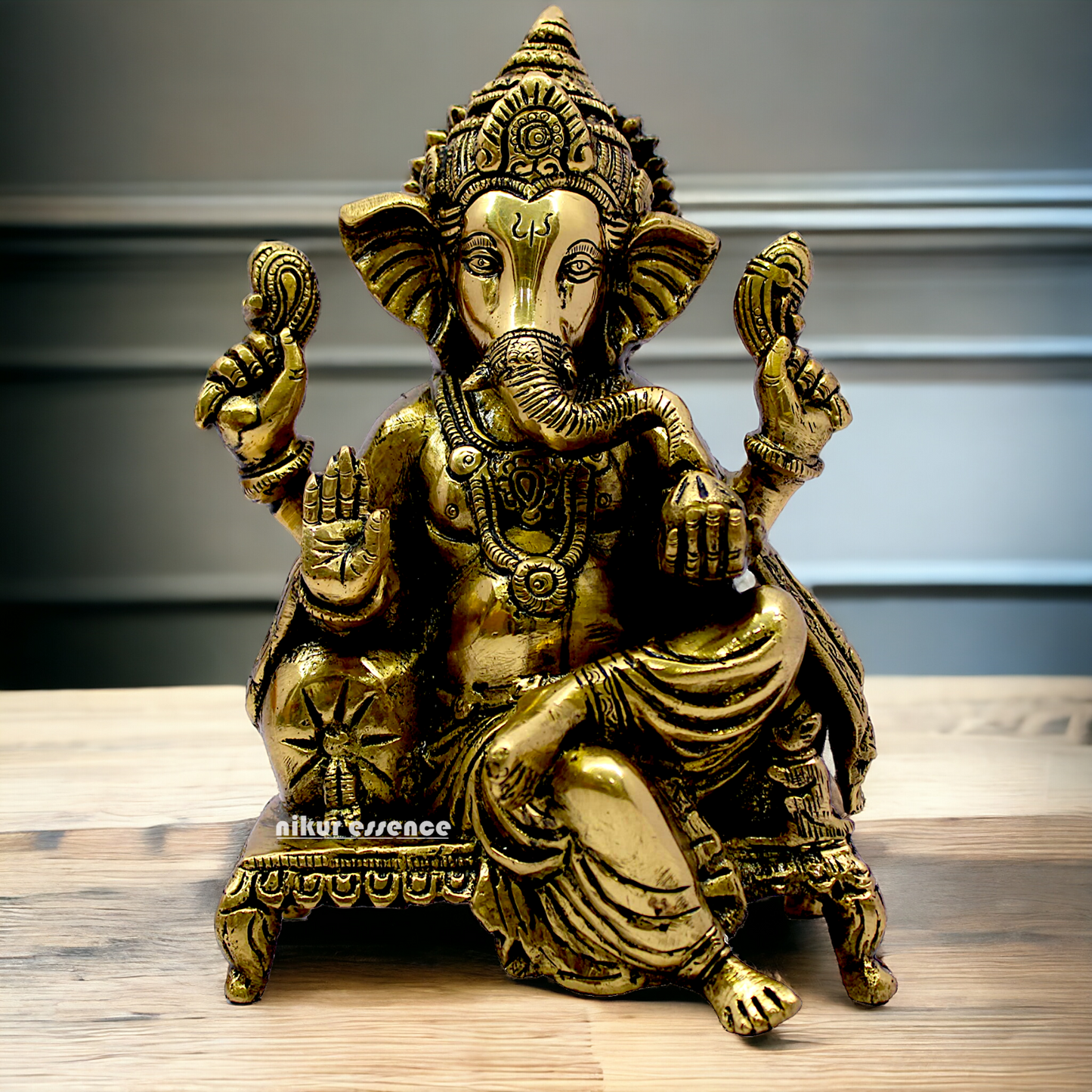 Antique Brass Ganesha Sitting on Singhasan - 8.25 inches Nikuressence