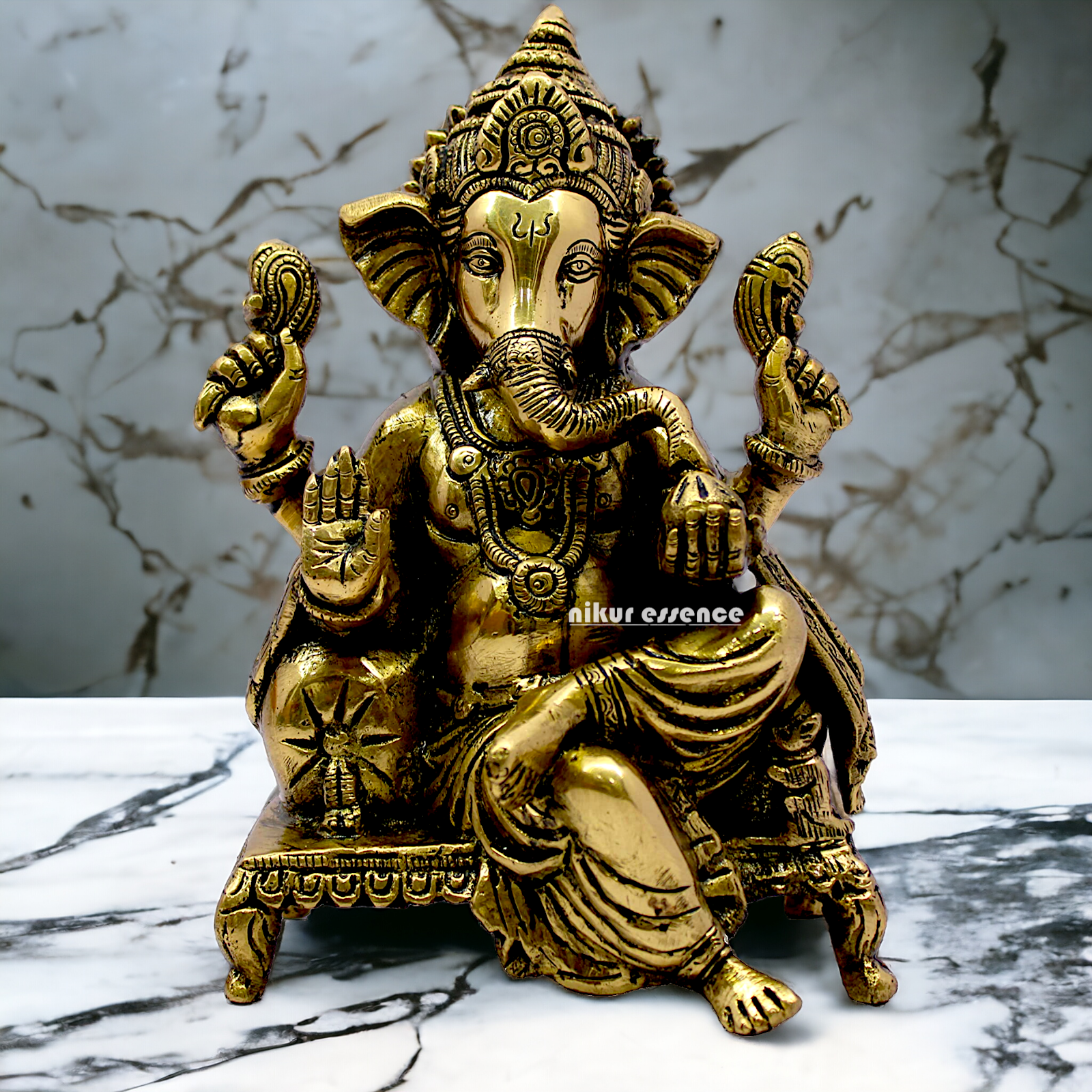Antique Brass Ganesha Sitting on Singhasan - 8.25 inches Nikuressence
