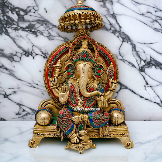 Lord Vinayaka Sitting on Singhasan Brass with Stone work - 18 inches Nikuressence