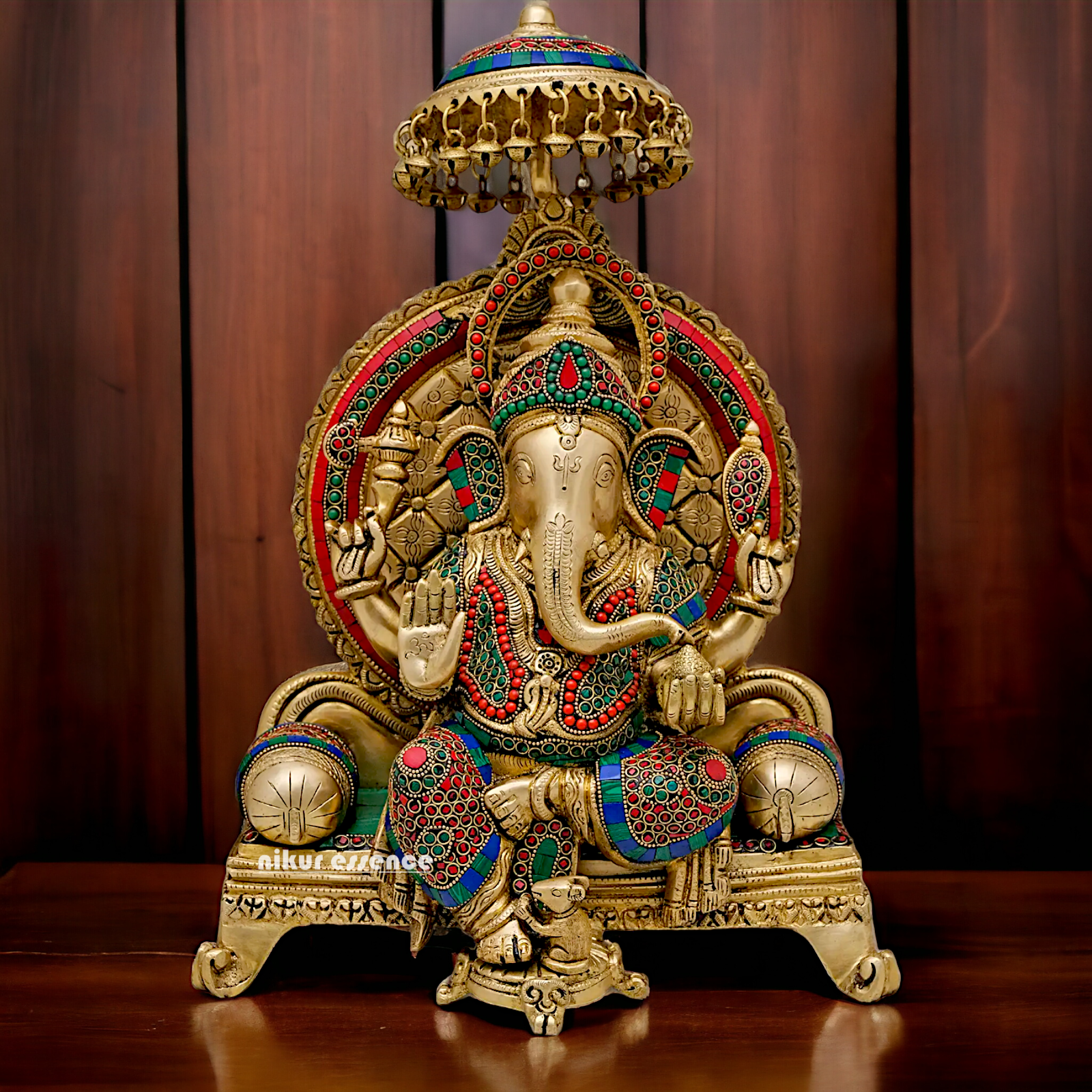 Lord Vinayaka Sitting on Singhasan Brass with Stone work - 18 inches Nikuressence