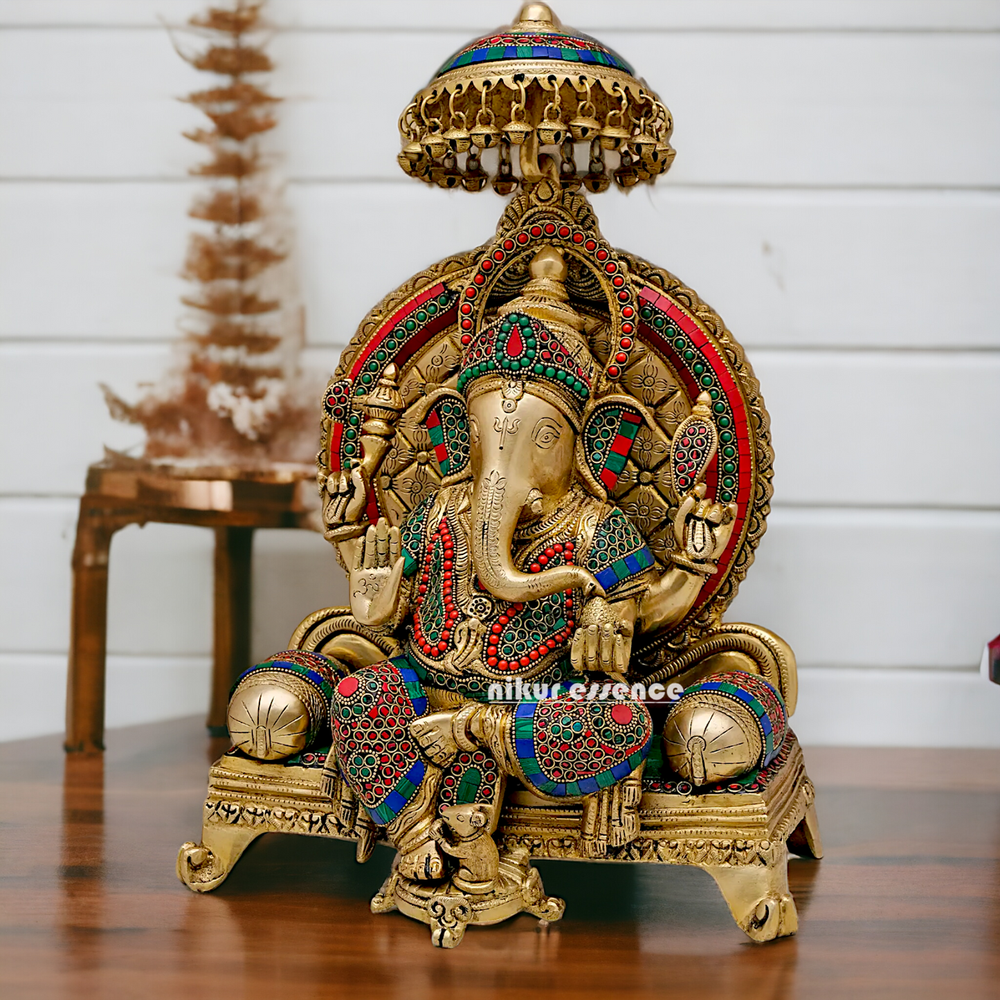 Lord Vinayaka Sitting on Singhasan Brass with Stone work - 18 inches Nikuressence