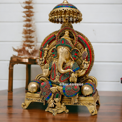 Lord Vinayaka Sitting on Singhasan Brass with Stone work - 18 inches Nikuressence