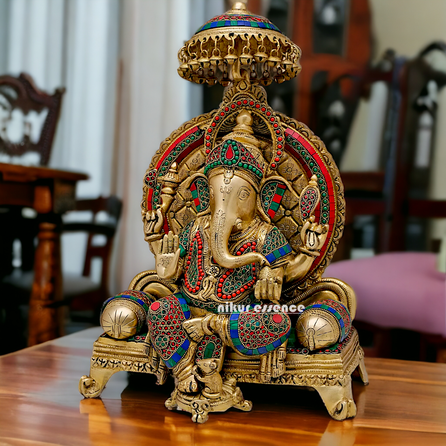 Lord Vinayaka Sitting on Singhasan Brass with Stone work - 18 inches Nikuressence