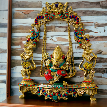 Brass Ganesha Swinging with Stone Work statue - 18 inches Nikuressence