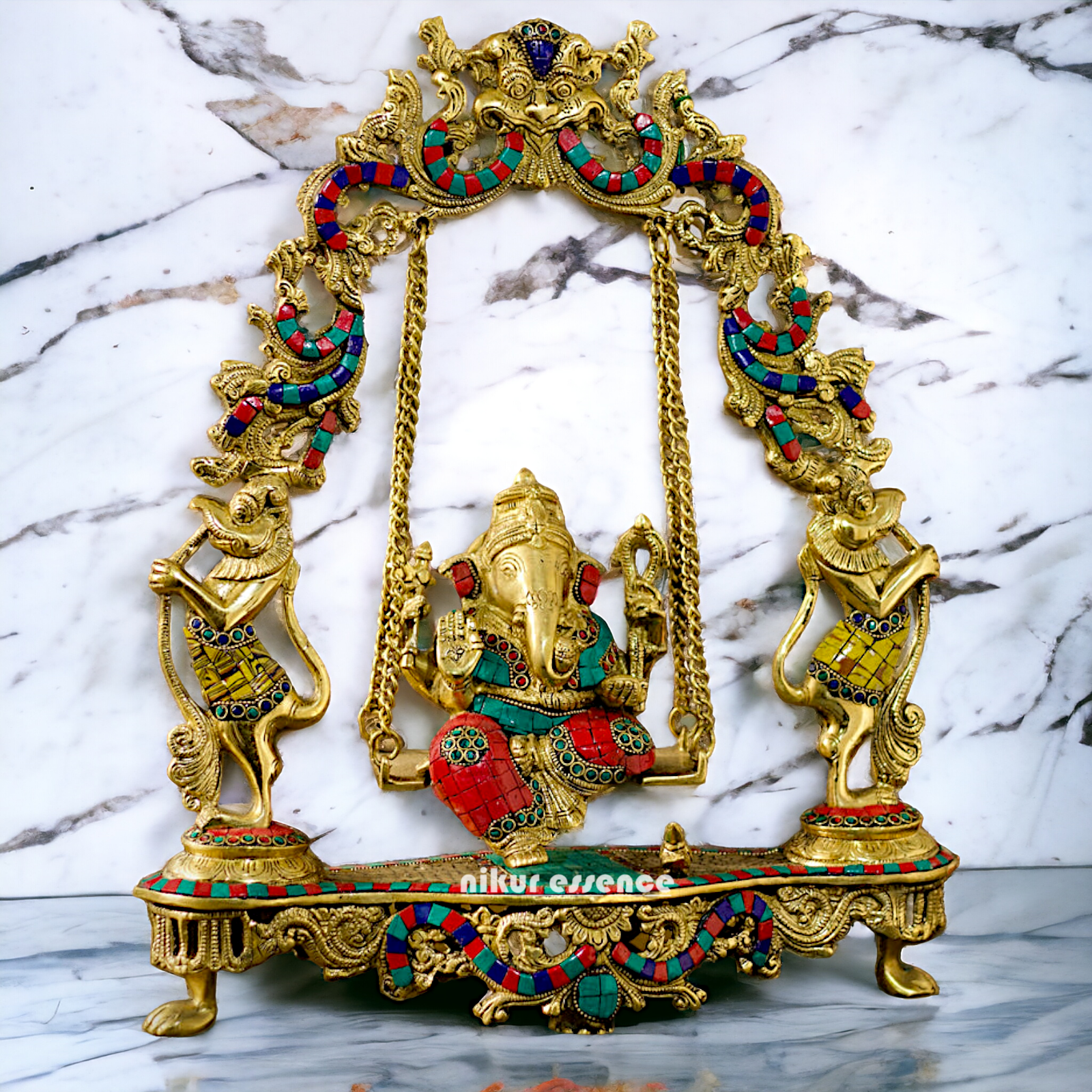 Brass Ganesha Swinging with Stone Work statue - 18 inches Nikuressence