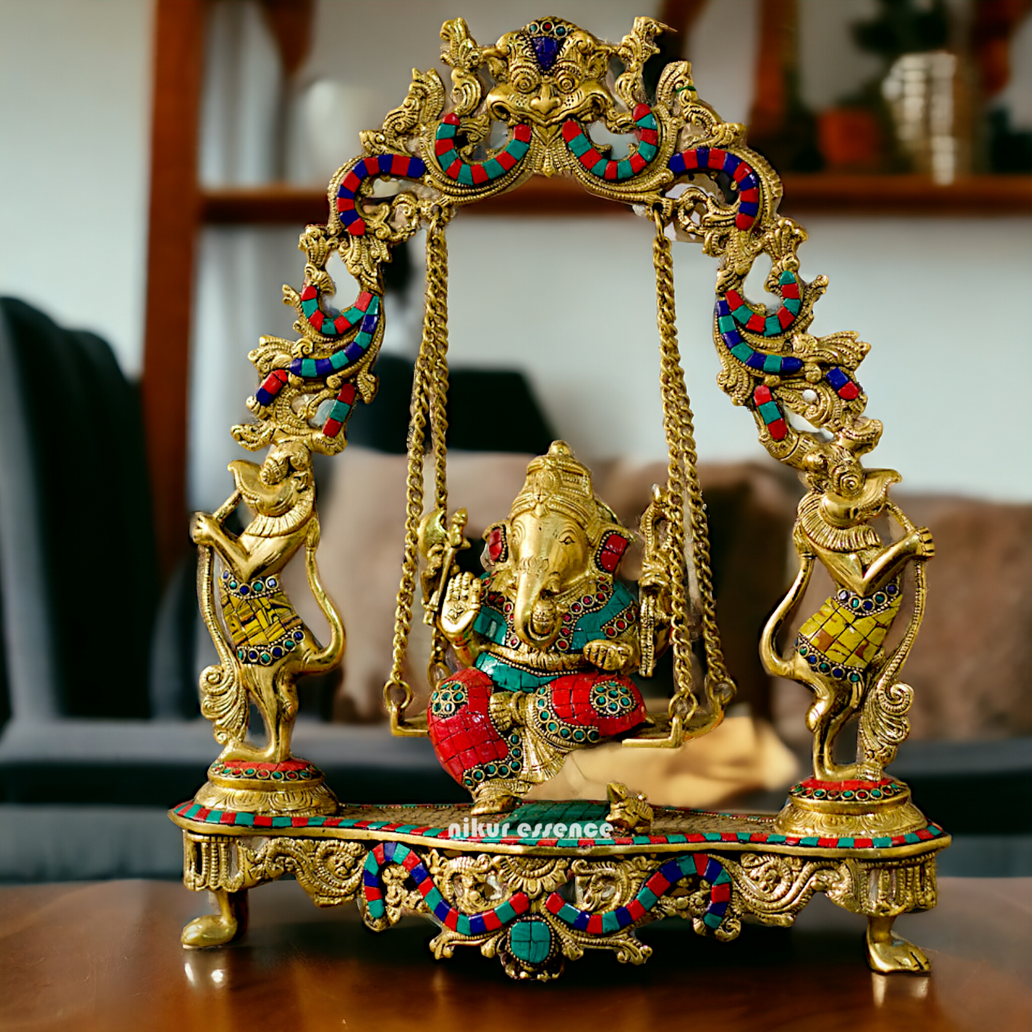 Brass Ganesha Swinging with Stone Work statue - 18 inches Nikuressence