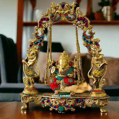 Brass Ganesha Swinging with Stone Work statue - 18 inches Nikuressence