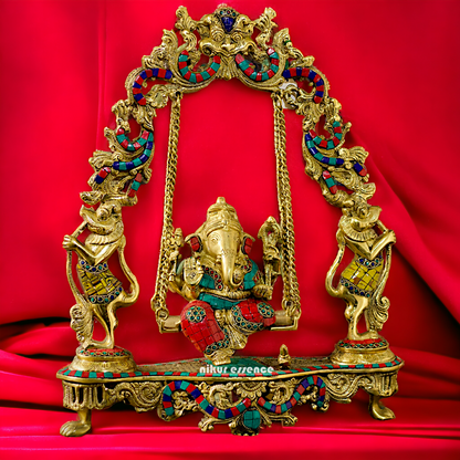 Brass Ganesha Swinging with Stone Work statue - 18 inches Nikuressence
