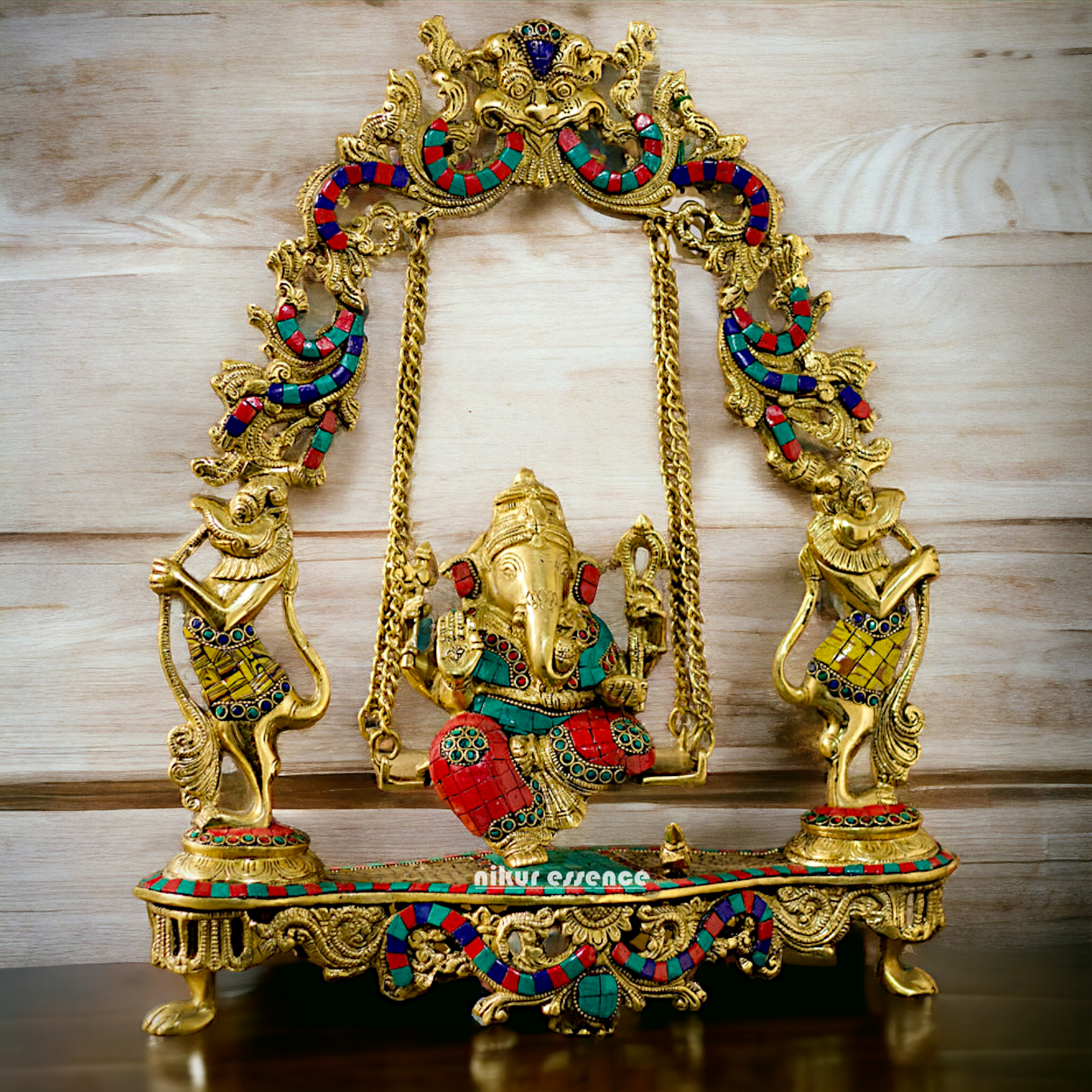 Brass Ganesha Swinging with Stone Work statue - 18 inches Nikuressence