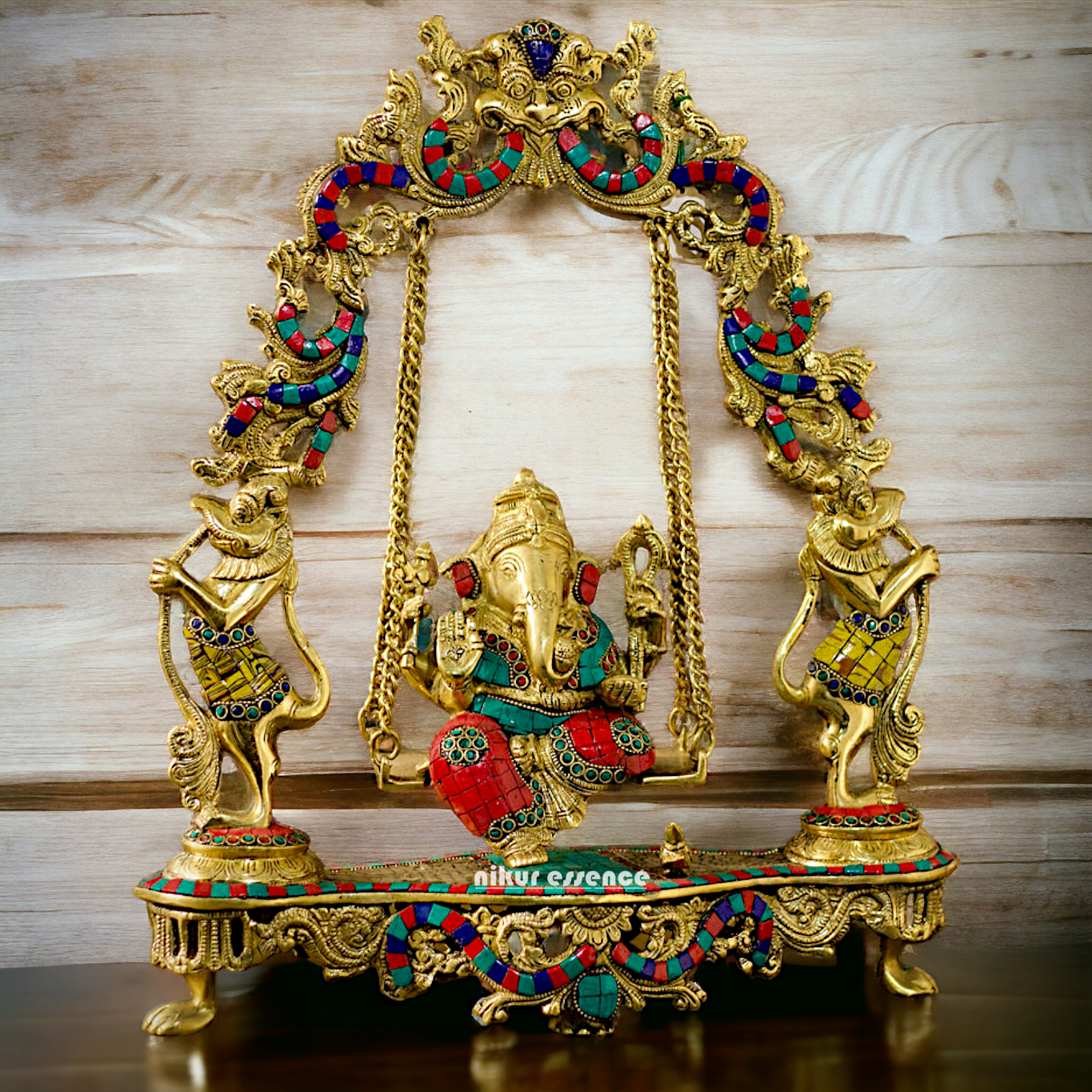 Brass Ganesha Swinging with Stone Work statue - 18 inches Nikuressence