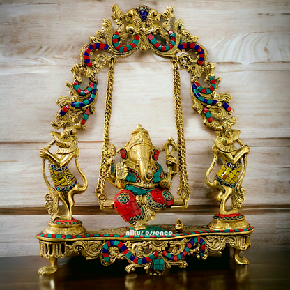 Brass Ganesha Swinging with Stone Work statue - 18 inches Nikuressence