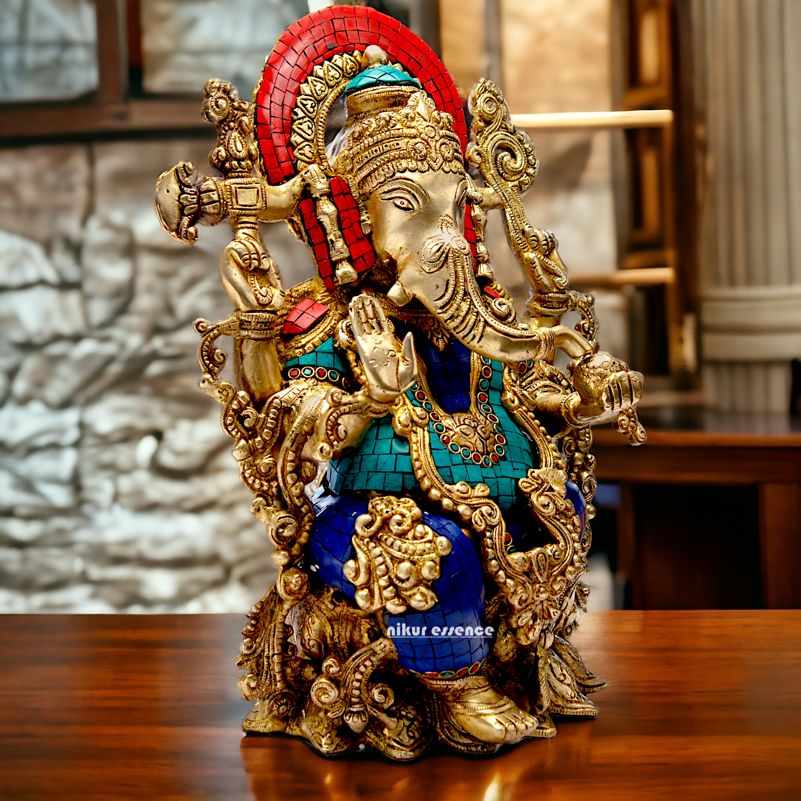 Brass Ganesha Sitting on Lotus with Stone Work idol - 16 inches Nikuressence