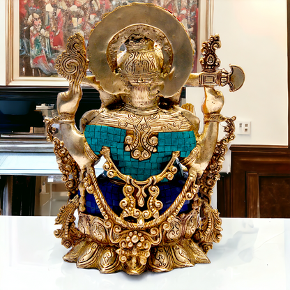 Brass Ganesha Sitting on Lotus with Stone Work idol - 16 inches Nikuressence