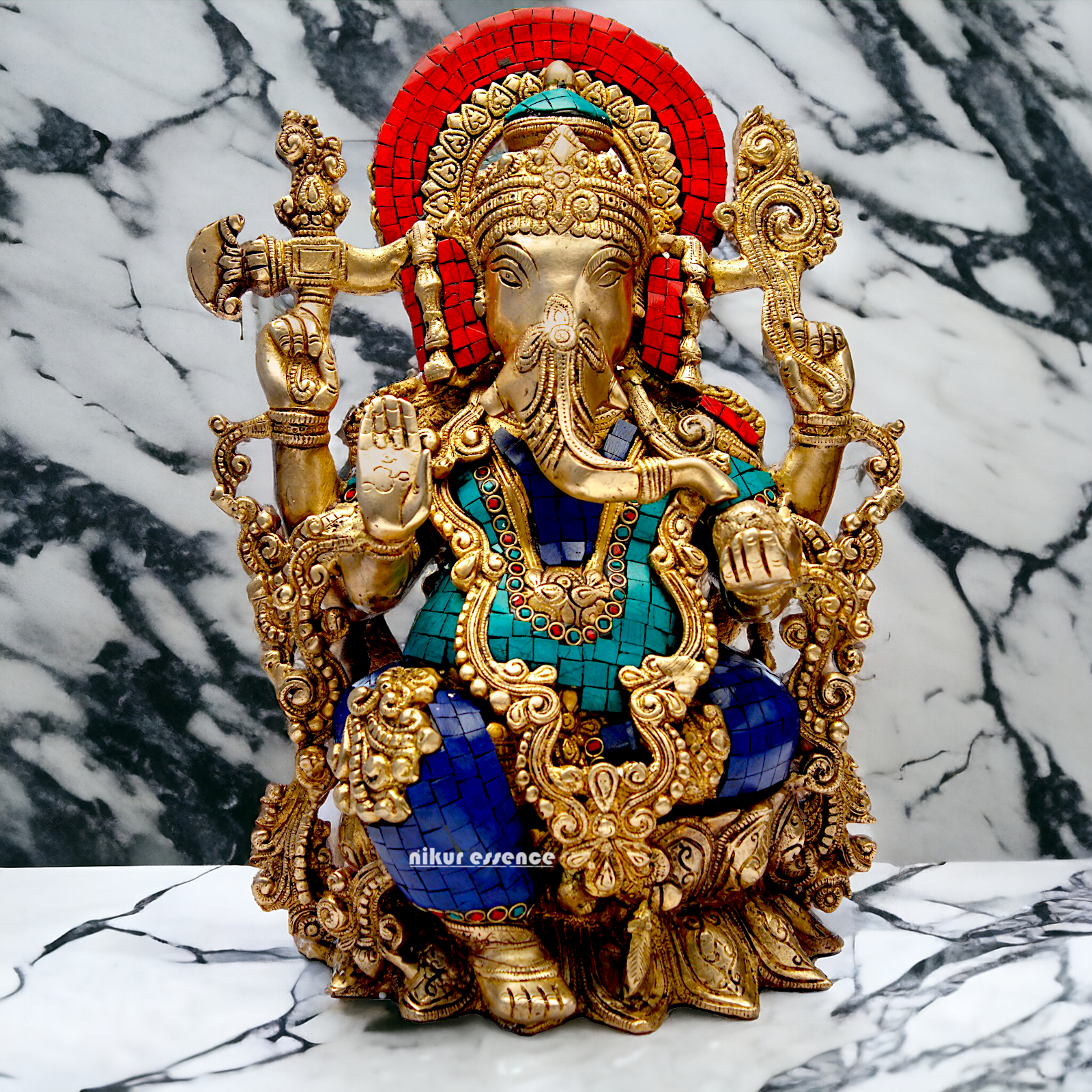 Brass Ganesha Sitting on Lotus with Stone Work idol - 16 inches Nikuressence